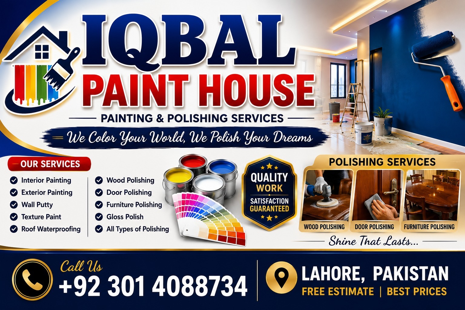 iqbal paint house and polish lahore contact number +92 301 4088734